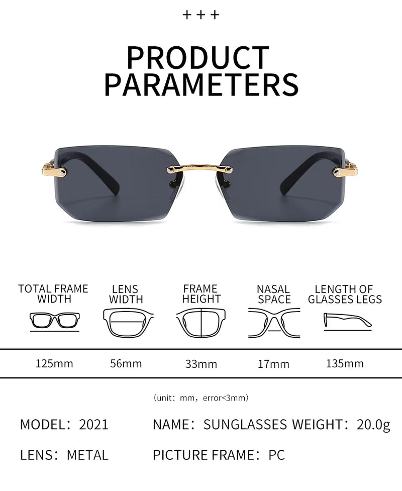 Rimless Rectangle Sunglasses for Men and Women - Trendy Small Square Shades for Summer Travel